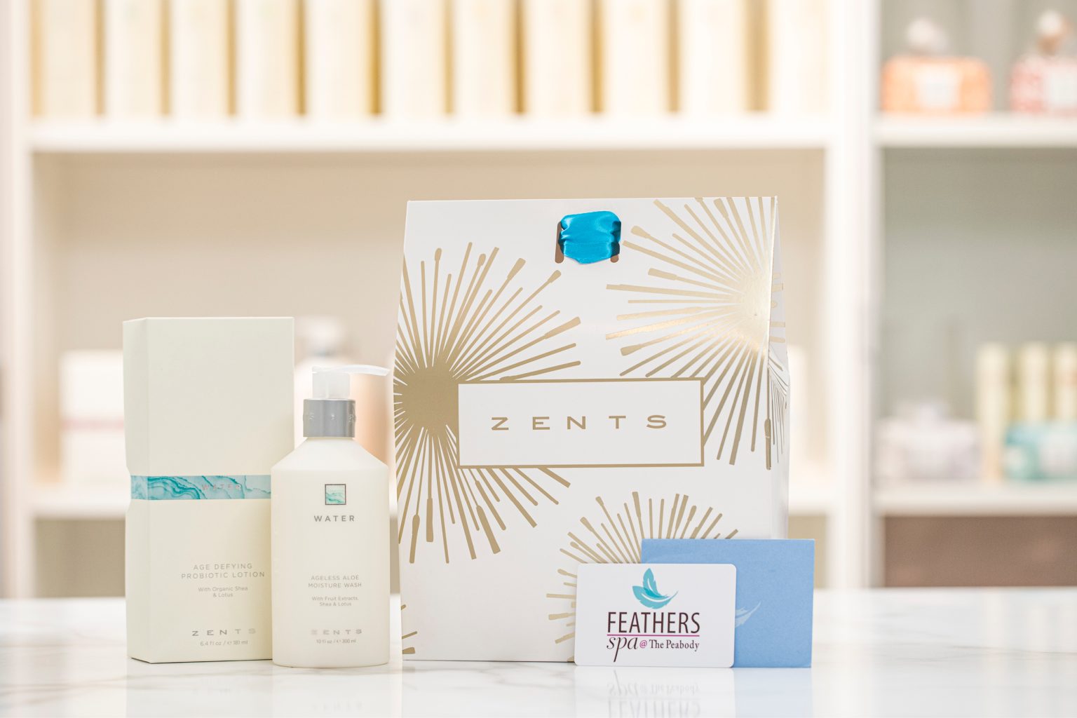 Feathers Spa treatment products in a bright treatment space
