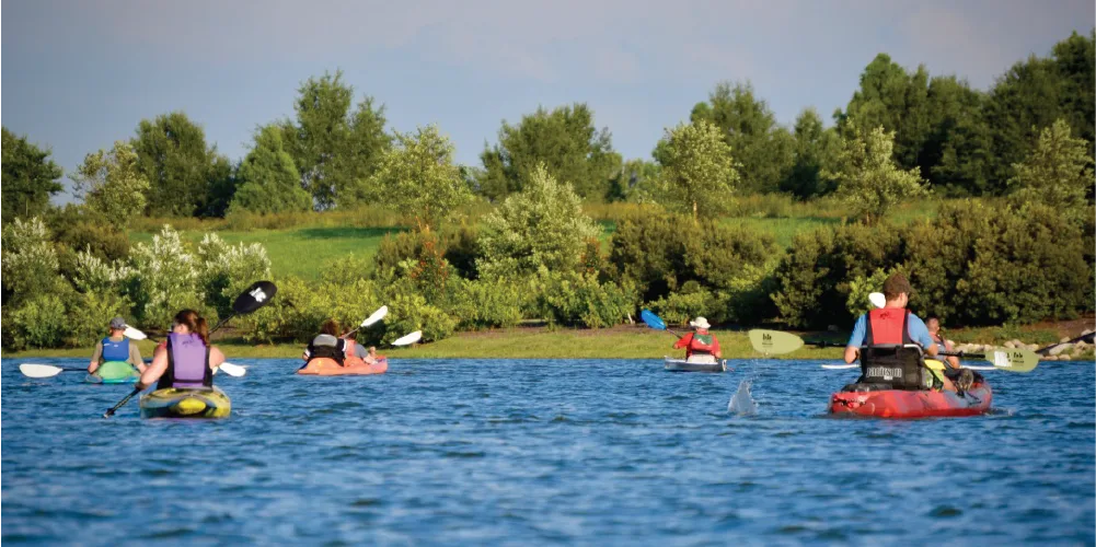 Kayakers crossing the water at Shelby Farms Park