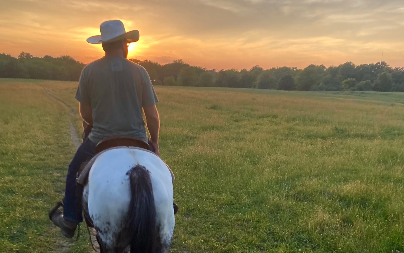 Horseback riders crossing an open field at sunset